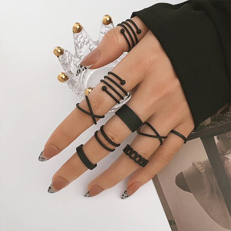 Black Boho Ring Set